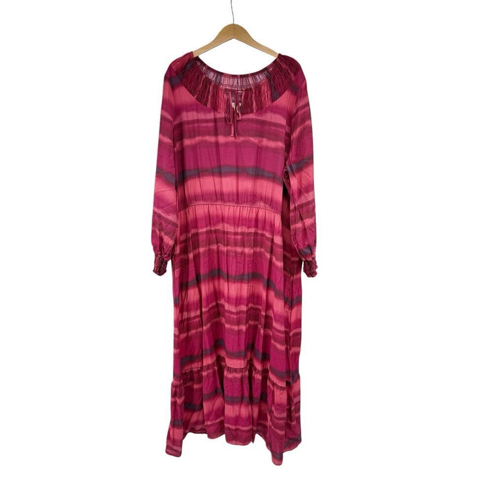 Terra And Sky Red Pink Stripe Modest‎ L/S Midi Maxi Dress Womens Plus Size 3XL